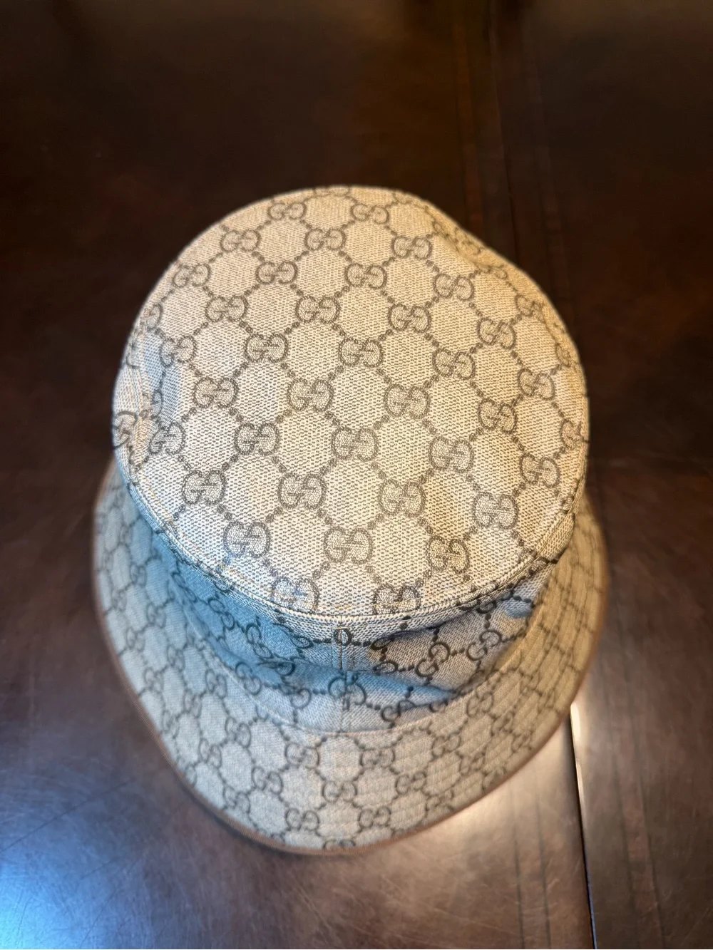 New Authentic Gucci GG Supreme Logo Leather Bucket Hat Tan Brown Size L